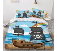 MEVASA Pirate Ship Bedding Double Bed Set Microfiber Teenager Bedding Cute 3D Bedding Set for Small Double 3Pcs Anti Allergic Double Duvet Cover Set with Zipper /200x200