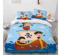 MEVASA Pirate Ship Bedding Double Bed Set Microfiber Teenager Bedding Cute Cartoon Boat 3D Bedding Set for Small Double 3Pcs Anti Allergic Double Duvet Cover Set with Zipper /200x200