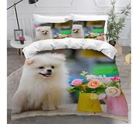 MEVASA Pomeranian Bedding Double Bed Set Microfiber Teenager Bedding Cute Dog Animal 3D Bedding Set for Small Double 3Pcs Anti Allergic Double Duvet Cover Set with Zipper /200x200 cm
