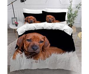 MEVASA Rhodesian Ridgeback Bedding Double Bed Set Microfiber Teenager Bedding Cute Dog Animal 3D Bedding Set for Small Double 3Pcs Anti Allergic Double Duvet Cover Set with Zipper /200x200 cm
