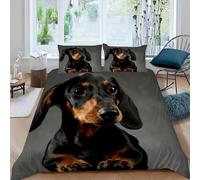 MEVASA Single Bed Kids Bedding Dog Duvet Cover Set Kids Girls Teens Boys Single Bedding Dachshund Black Fluffy Microfiber Hypoallergenic Single Duvet Cover 3 Pieces /135x200