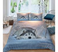 MEVASA Single Bed Kids Bedding Husky Duvet Cover Set Kids Girls Teens Boys Single Bedding Cute Dog Winter Snow Fluffy Microfiber Hypoallergenic 3 Pieces /135x200