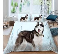 MEVASA Single Bed Kids Bedding Husky Duvet Cover Set Kids Girls Teens Boys Single Bedding Dog Animal Fluffy Microfiber Hypoallergenic Single Duvet Cover 3 Pieces /135x200