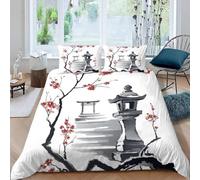 MEVASA Single Bed Kids Bedding Japanese Art Duvet Cover Set Kids Girls Teens Boys Single Bedding Ink Landscape Fluffy Microfiber Hypoallergenic Single Duvet Cover 3 Pieces /135x200
