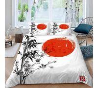 MEVASA Single Bed Kids Bedding Japanese Style Duvet Cover Set Kids Girls Teens Boys Single Bedding Bamboo Red Sun Fluffy Microfiber Hypoallergenic Single Duvet Cover 3 Pieces /135x200