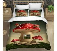 MEVASA Single Bed Kids Bedding Mushroom Duvet Cover Set Kids Girls Teens Boys Single Bedding Cartoon Plants Fluffy Microfiber Hypoallergenic Single Duvet Cover 3 Pieces /135x200