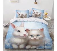MEVASA Single Bed Kids Bedding Rabbit And Cat Duvet Cover Set Kids Girls Teens Boys Single Bedding Cute Cartoon Animals Fluffy Microfiber Hypoallergenic Single Duvet Cover 3 Pieces /135x200