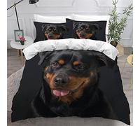 MEVASA Single Bed Kids Bedding Rottweiler Duvet Cover Set Kids Girls Teens Boys Single Bedding Dog Animal Black Fluffy Microfiber Hypoallergenic Single Duvet Cover 3 Pieces /135x200 cm