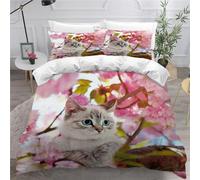 MEVASA Super King Size Duvet Cover Cat Pink Flowers Bedding Ultra Soft Luxury Quilt Cover with Zipper King Size Bedding Sets 3 Pieces Easy Care 3D Comforter Cover /260x220