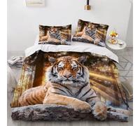 MEVASA Tiger Bedding Double Bed Set Microfiber Teenager Bedding Animal Forest Tiger 3D Bedding Set for Small Double 3Pcs Anti Allergic Double Duvet Cover Set with Zipper /200x200