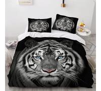 MEVASA Tiger Bedding Double Bed Set Microfiber Teenager Bedding Animals Black 3D Bedding Set for Small Double 3Pcs Anti Allergic Double Duvet Cover Set with Zipper /200x200