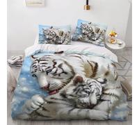 MEVASA Tiger Bedding Double Bed Set Microfiber Teenager Bedding Cute Cartoon Tiger 3D Bedding Set for Small Double 3Pcs Anti Allergic Double Duvet Cover Set with Zipper /200x200