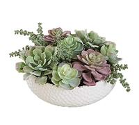MEVZHH Artificial Flowers,Artificial Potted Home Decor Office Decor Faux Succulent Plants White Round Ceramic Pots with Realistic Succulents Handcrafted Fake Plant,9.1"X5.9" Artificial Plants