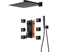 MEVZHH Faucets,Shower System Temperature Display Concealed Shower Combo Set Matt Black Shower Mixer Taps Set with 6 Body Sprays with Brass Hand Shower and Waterfall Rainfall Shower Head/16 inch