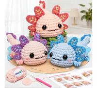 Mewaii Crochet Kit for Beginners with 40% Extra Yarn, Pre-Started Yarn and Video Tutorials - 3 Axolotl Craft Kits for Adults and Kids