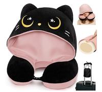 Mewaii Neck Pillow for Travel, Double Sides Pillows for Adults, Memory Foam Neck Pillow for Airplane, Reversible Flight Pillow with Black Cat Hood, Adjustable Strap(Pink)