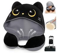 Mewaii Neck Pillow for Travel, Double Sides Pillows for Adults, Memory Foam Neck Pillow for Airplane, Reversible Flight Pillow with Black Cat Hood, Adjustable Strap(Grey)