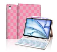 Mewealth for iPad Air 11-inch (M3/M2-2025/2024) Case with Keyboard, Backlights LED Wireless Keyboard Cover with Pencil Holder for Air 10.9 Inch (5th/4th-2022/2020), Checkered Plaid Pink-Hot Pink