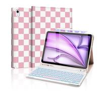 Mewealth for iPad Air 11-inch (M3/M2-2025/2024) Case with Keyboard, Backlights LED Wireless Keyboard Cover with Pencil Holder for Air 10.9 Inch (5th/4th-2022/2020), Checkered Plaid Pink-White