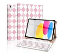 Mewealth Keyboard Case for iPad 11th 10th Generation, Backlights LED Wireless Keyboard Cover for 11th A16 11-inch 2025, 10th Gen 10.9 Inch 2022, Diamond Checkered Plaid Pink-LightPink-White