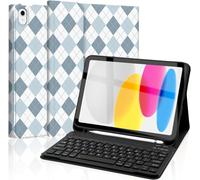 Mewealth Keyboard Case for iPad 11th 10th Generation with Pencil Holder, Backlights LED Wireless Keyboard for 11th A16 11-inch 2025, 10th Gen 10.9 Inch 2022, Diamond Checkered Plaid DeepSkyBlue-White