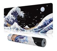 MEWOOCUE Gaming Laptop Mouse Pad,Blue Sea Wave Big Mice Pads PC Keyboard Waterproof and Non-Slip 31.5 x 11.8inches 3mm Thick XL,XXL Rubber Table Mat, Kanagawa Surfing and Black Japanese Mouse Pads