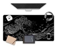 MEWOOCUE Gaming Laptop Mouse Pad,Sea Wave Big Mice Pads PC Keyboard Waterproof and Non-Slip 47.2" x 23.6" 0.15" Thick XL,XXL Rubber Table Mat, Kanagawa Surfing and Black Japanese Mouse Pads