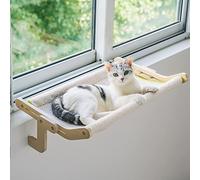 MEWOOFUN Sturdy Larger Cat Window Perch Cat Hammock for Window Cat Window Seat Bed with Reversible Mat No Suction No Drilling Cat Perches Holds Up to 40lbs (Beige-Large)