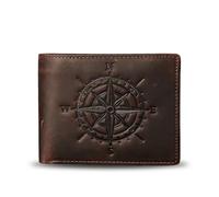 Mewpurrs Men’s Bifold Wallet, Crazy Horse Leather RFID Blocking Wallet with Coin Pocket, 10 Card Slots, ID Window & 2 Bill Compartments - Vintage Compass Wallet for Men, Coffee Brown