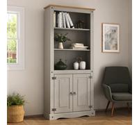 Mews Corona Bookcase 2 Door Grey Display Cupboard 3 Book Shelves Solid Mexican Pine