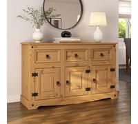 Mews Corona Sideboard 3 Door Solid Distressed Waxed Pine Mexican Style 3 Door 3 Drawer Cupboard