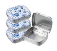 Mewutal 4 Pack Rectangular Empty Hinged Tin Box Metal Tins Storage Box with Hinge Lids Blue Rose Small Storage Case Mini Portable Containers Organizers for Jewelry Bead Pen Nib (Blue Rose)