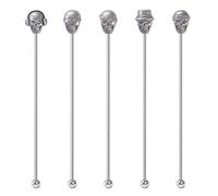 Mewuthede Skull Shape Swizzle Sticks, Reusable Stainless Steel Coffee Beverage Stirrers Cocktail, 5-Pack Drink Stir Sticks for Bar Party Home Office (Ancient Silver)