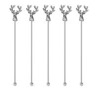 Mewuthede Swizzle Sticks,5 Pcs Stainless Steel Reusable Deer Head Shape Cocktail Stirrer Coffee Beverage Stir Sticks for Cocktail, Whiskey, Hot Cocoa, Creamer (Ancient Silver)