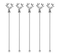 Mewuthede Swizzle Sticks,5 Pcs Stainless Steel Reusable Deer Head Shape Cocktail Stirrer Coffee Beverage Stir Sticks for Cocktail, Whiskey, Hot Cocoa, Creamer (Silver)