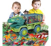 MewVeer Dinosaur Truck Toy,Tyrannosaurus Transport Car Carrier Truck with 15 Dino Figures, 4 Dinosaur Tanks, Activity Play Mat, Dinosaur Eggs, Dino Car Playset - Prefect for Kids, Boys, and Girls