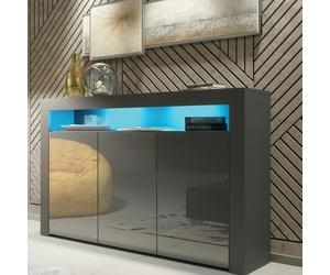 Mex Furnitur Modern Sideboard 155cm - Matt Grey Body with Grey Gloss Doors Free LED Lights - 155 cm - MDF/Chipboard - 1