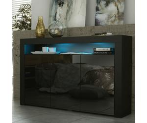 Mex Furniture 155cm Sideboard TV Stand Cupboard Cabinet - Black High Gloss Doors with Free LED - 155cm - Black Matt Body & Black Gloss Doors - MDF/Chipboard