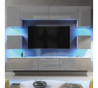 Mex Furniture Modern Wall TV Unit 9 Elements - White Matt Body and Grey Gloss Doors - Free RGB LED - 242 cm - MDF/Chipboard - White