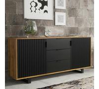 Mex Furniture Milled Stylish 140 cm Sideboard - Slatted Doors, Drawers, Modern and Elegant Design - 140 cm - Oak Matt Body & Black Matt Fronts - MDF/Chipboard