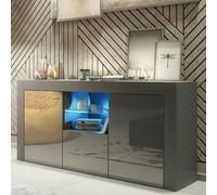 Mex Furniture Modern 145cm TV Unit, Cabinet Stand & with Grey Gloss Doors & Free LED - 145 cm - 1 - Dark Grey Matt Body & Dark Grey Gloss Doors