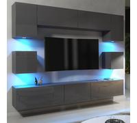 Mex Furniture Modern Wall TV Unit 9 Elements - Grey Matt Body and Grey Gloss Doors - Free RGB LED - 242 cm - MDF/Chipboard - White