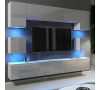 Mex Furniture Modern Wall TV Unit 9 Elements - White Matt Body and Grey Gloss Doors - Free RGB LED - 242 cm - MDF/Chipboard - White