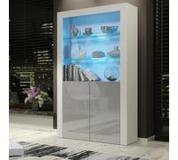 Mex Furniture Premium 170cm Cabinet Sideboard with High Gloss Doors and Free LED Lights Display - 170 cm - White Matt Body & Grey Gloss Doors - 1