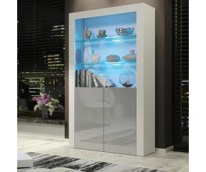 Mex Furniture Premium 170cm Cabinet Sideboard with High Gloss Doors and Free LED Lights Display - 170 cm - White Matt Body & Grey Gloss Doors - 1