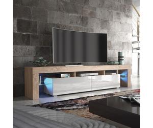 Mex Furniture Sleek 200cm Modern TV Unit Cabinet Stand Oak High Gloss White Doors & Free LED Lights - 200 cm - 1 - Oak Matt Body & White Gloss Doors