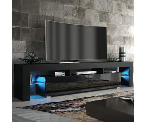 Mex Furniture Sleek 200cm TV Unit Modern Cabinet TV Stand Black High Gloss Doors with Free LED - 200 cm - 1 - Black Matt Body & Black Gloss Doors