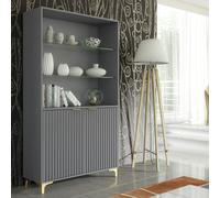 Mex Furniture Tall Display Cabinet 170cm Grey - Fluted Doors & Gold Legs - Matt Body & Matt Doors - 170 - Full assembly required.