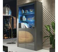 Mex Furniture Tall Display Cabinet 170cm Grey Gloss Doors - Free LED Lights - Matt Body & Gloss Doors - 170 - Full assembly required.