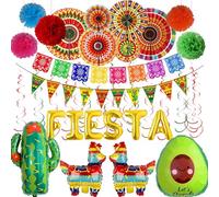 Mexcian Party Decorations Set Supplies - 32 Pcs Paper Fans Picado Banner Pom Poms Cactus Avocado Foil Balloons Bunting Swirls Garland String For Carnival Cinco De Mayo Taco Birthday Fiesta Party